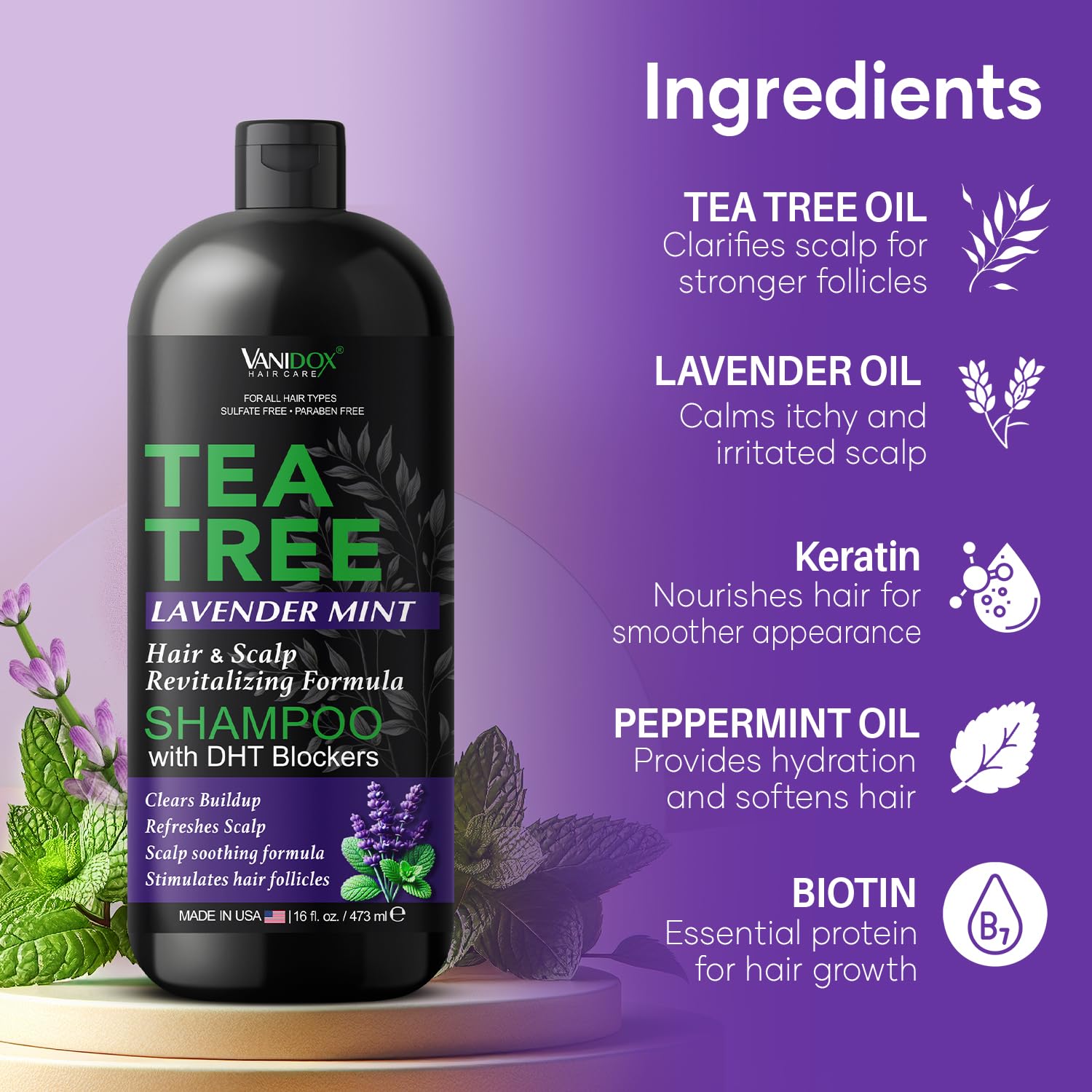 Tea Tree Oil Shampoo with Lavender & Mint | DHT Blocker Blend | Gently Cleanses Scalp, Helps Remove Buildup & Flakes | For Men & Women | Made in USA | 16 fl oz - Image 4