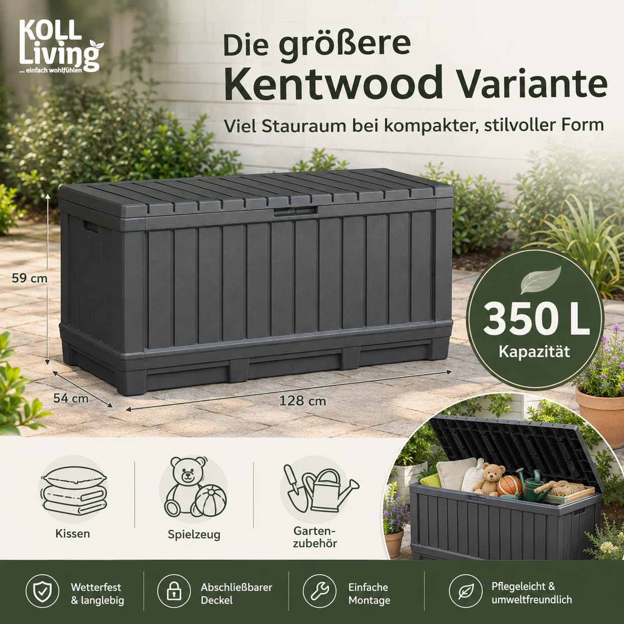 Koll Living Kentwood - Scatola da giardino da 350 litri, colore antracite, con funzione di seduta per cuscini, attrezzi da giardino o giocattoli per bambini, impermeabile e ben ventilato