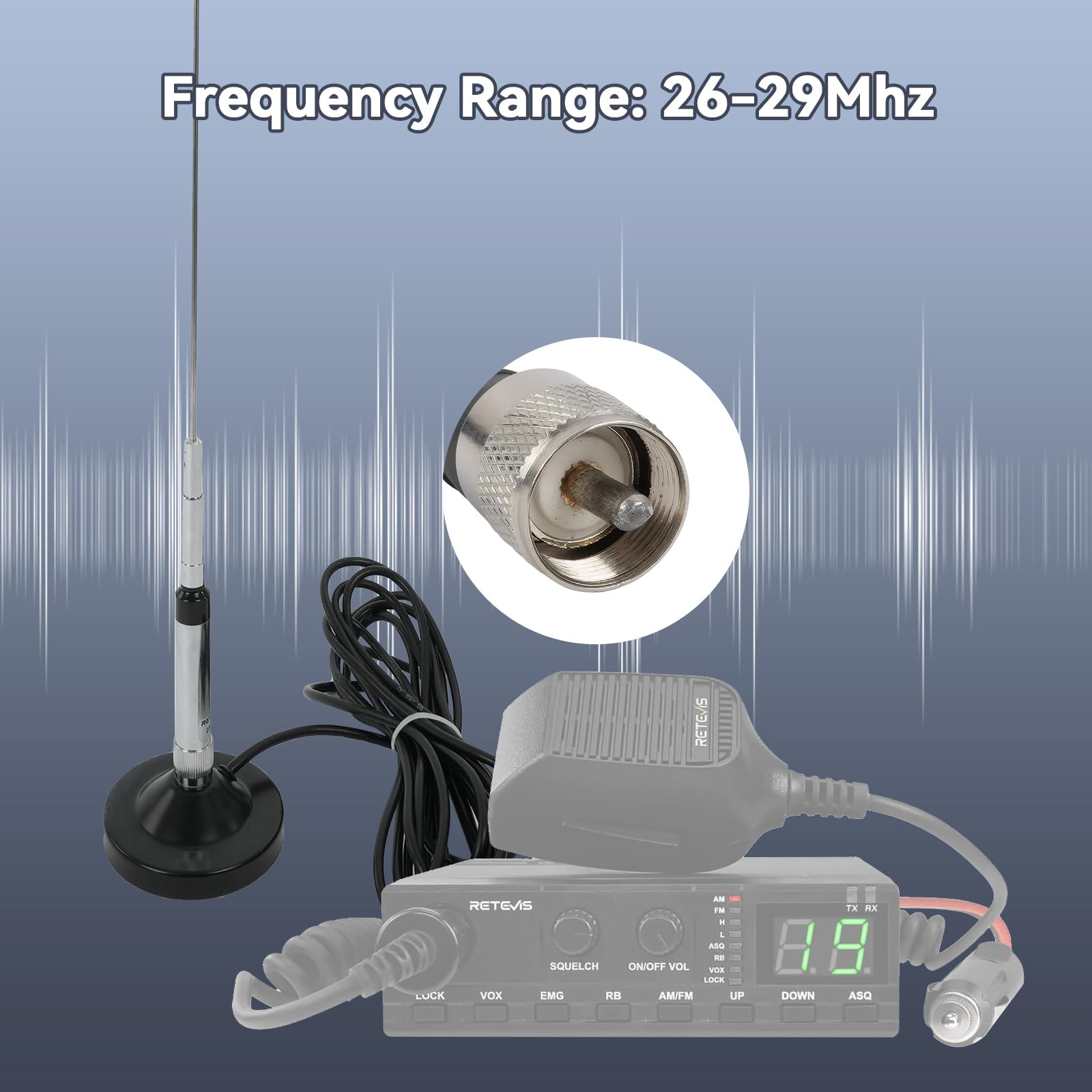 Retevis CB Funk per Radio CB, Lunghezza 120cm, 150W, Connettore PL259, Impedenza 50 Ohm, Antenna CB con Cavo RG58 da 5 m, Supporto magnetico, Antenna CB 27 MHz, Compatibile con CB Midland/Retevis