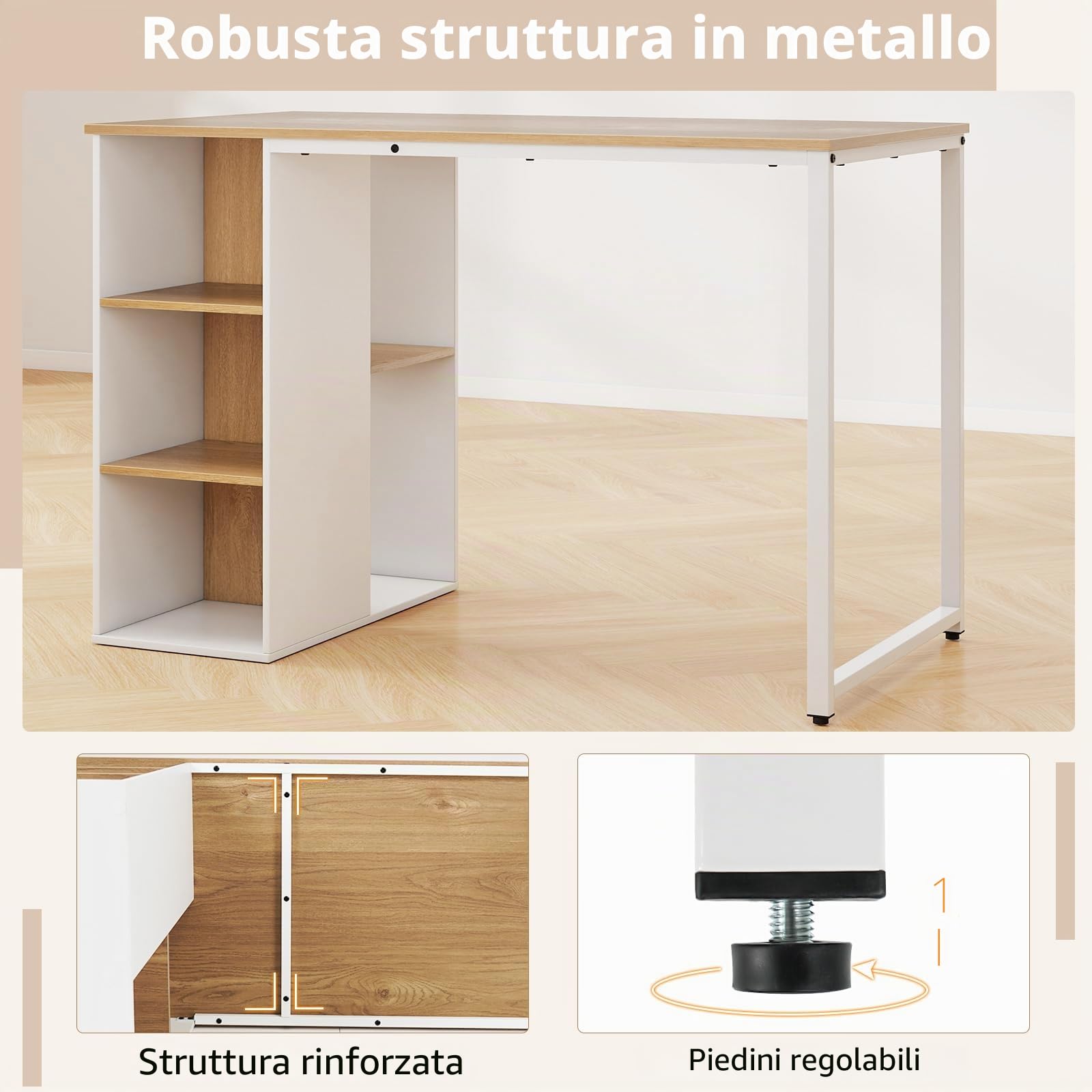 FANTASK Scrivania, 115 x 59 cm, scrivania per computer con vano portaoggetti e telaio in metallo, moderno tavolo da ufficio con 5 ripiani, tavolo per PC per camera da letto, studio (naturale + bianco)