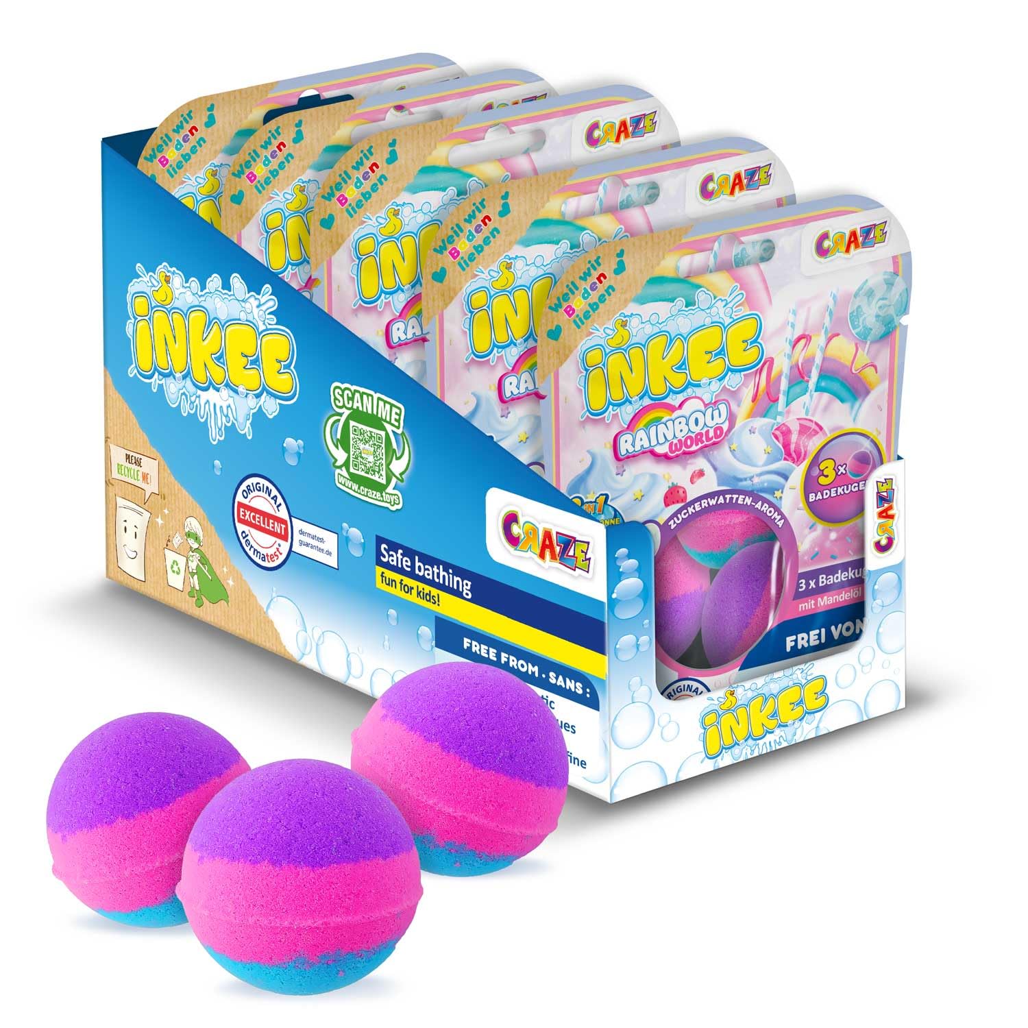 INKEE Pack Colour Rainbow World 15 bombek do kąpieli dla dzieci z 3 różnymi kolorowymi warstwami (różowy, fioletowy i niebieski), wata cukrowa i aromat oleju arganowego