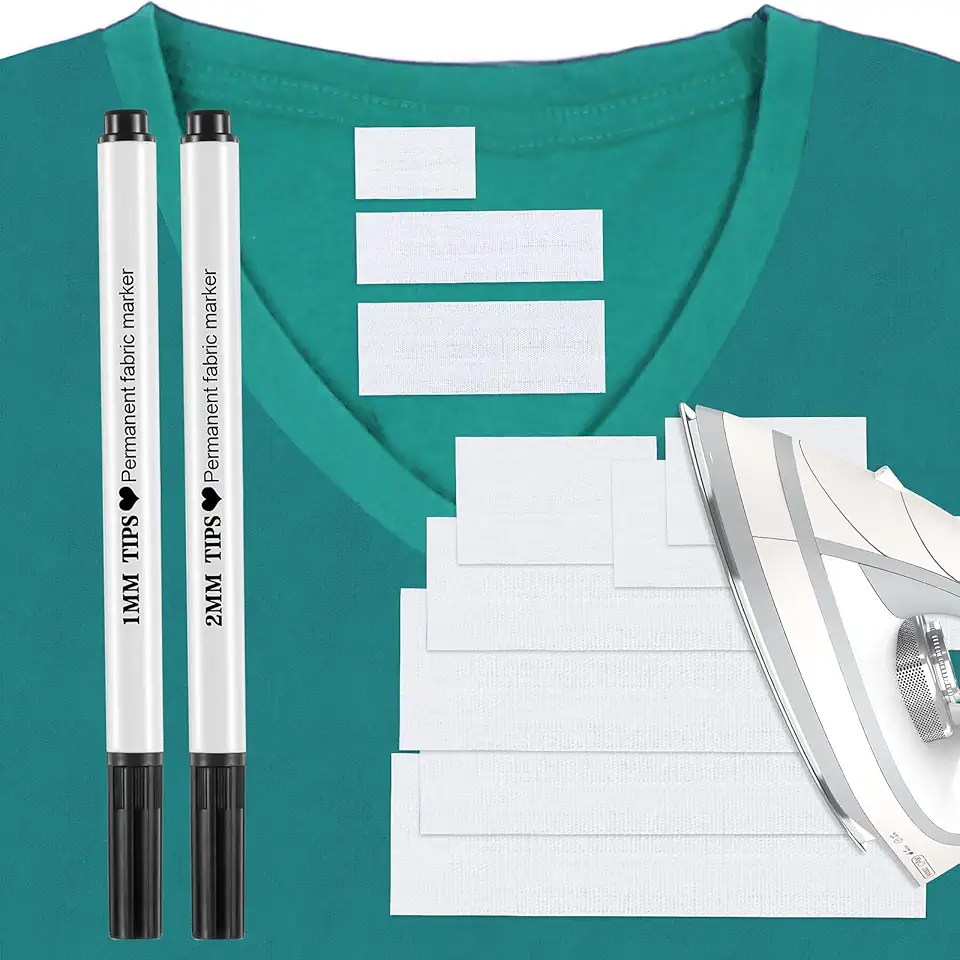 Etiquetas de roupas pré-cortadas com ferro e 2 marcadores permanentes de tecido para lavanderia etiquetas personalizadas para casas de idosos, acampamento, faculdade, creche e uniformes, 3 tamanhos (100 peças)