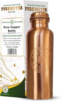 American Ayurveda 100% Pure Copper Water Bottle, Brush Finish, 600ml 20Oz