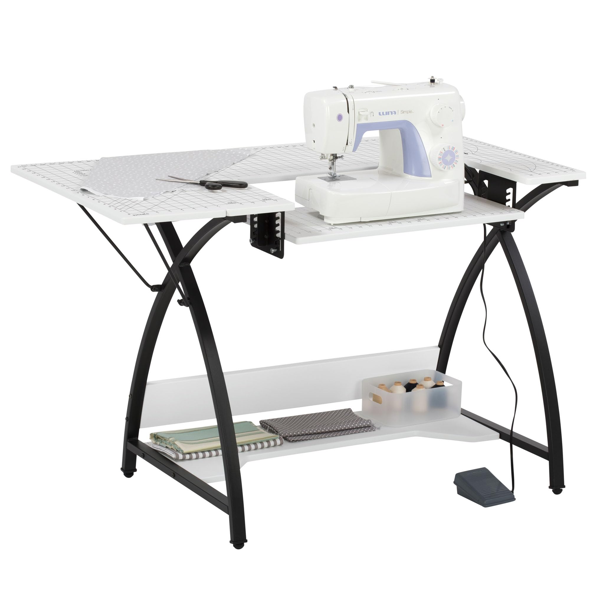 Tavolino da cucito con piano bianco a griglia e gambe nere, tavolo per macchina da cucire con piattaforma regolabile, prolunga ribaltabile e ripiano portaoggetti, quilting/artigianato o gioco/computer