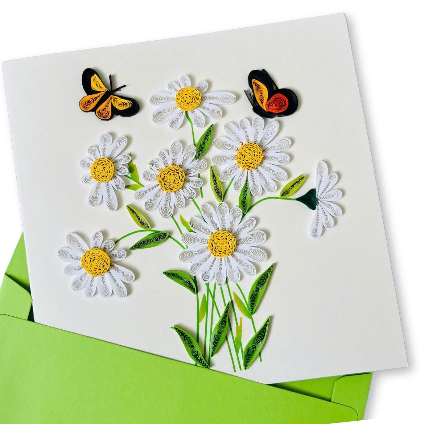 Quilling Cards, handmade card, quilled cards with Dedicated Paper Handmade Art for all occasions: Mother's day, Father's day, Birthday... daisy bouquet (With butterflies)