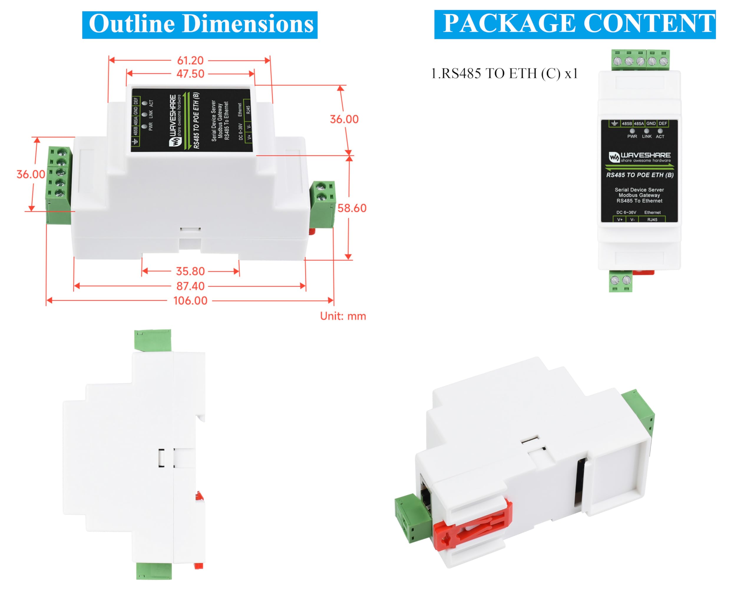 Serveur série industriel RS485 vers RJ45 Ethernet avec fonction PoE, TCP/IP vers série, alimentation CC 6 ~ 36 V ou PoE, données bidirectionnelles RS485 et ETH, prise en charge du port Ethernet PoE +