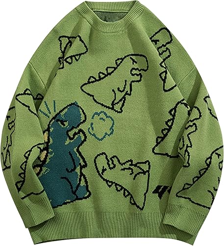 Flygo Suéter de punto de dinosaurio para mujer, unisex, de gran tamaño, casual, manga larga, suéter de punto