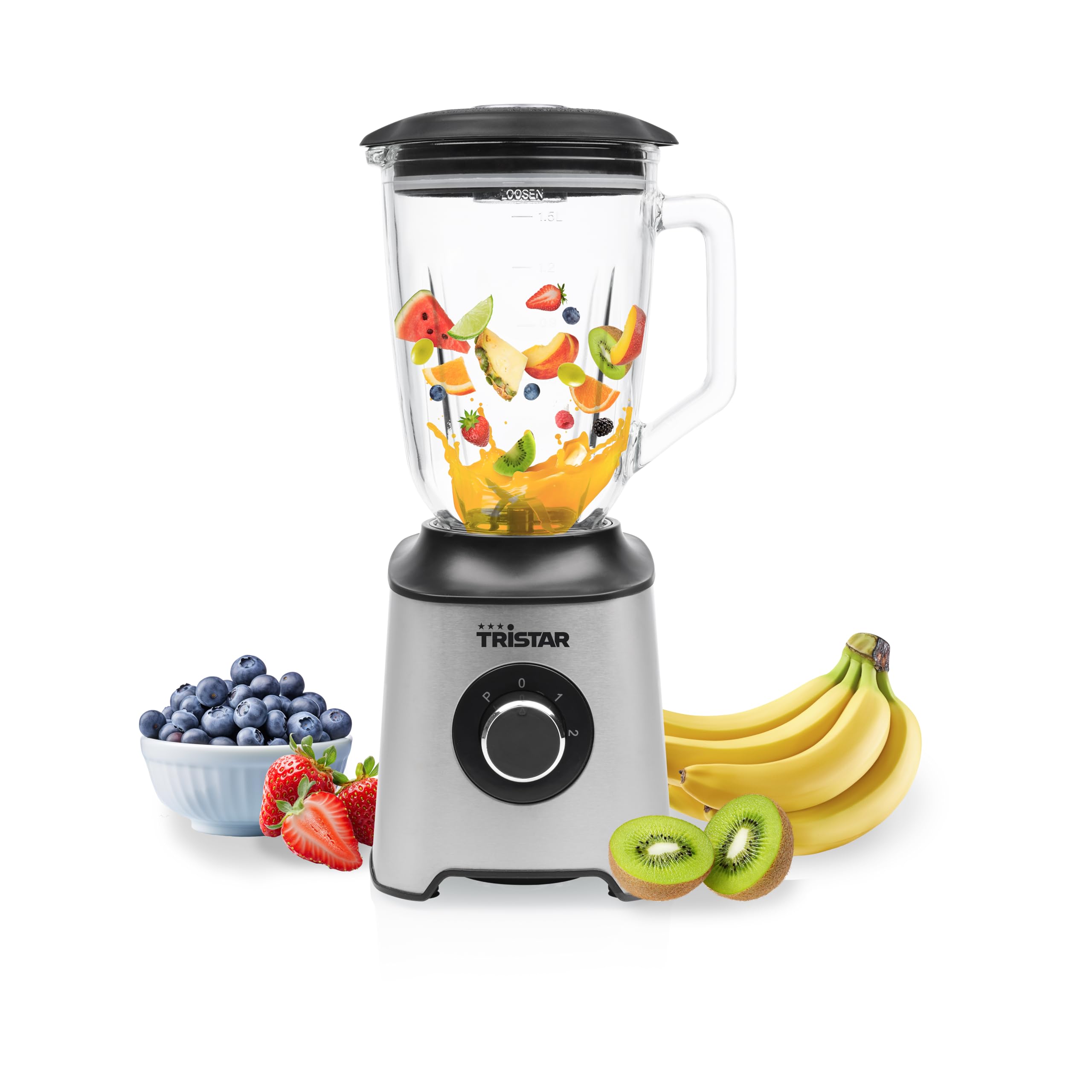 Tristar Batidora de Vaso, Jarra de Vidrio de 1,5 L, Motor de 1000 W, Cuerpo de Acero Inoxidable, 2 Velocidades, Fácil de Limpiar, BL-4489