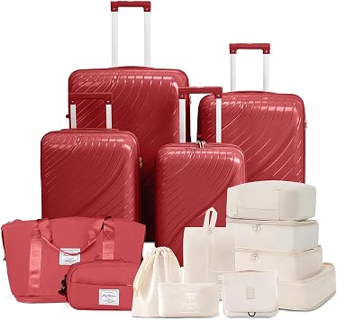 Karl home Luggage Sets of 6, PP Hardshell Suitcase Sets with 8 Packing Organization Cube, Carry on Checked Luggage with Spinner Wheels TSA Lock, Cabin Suitcase for Women Men, Red
