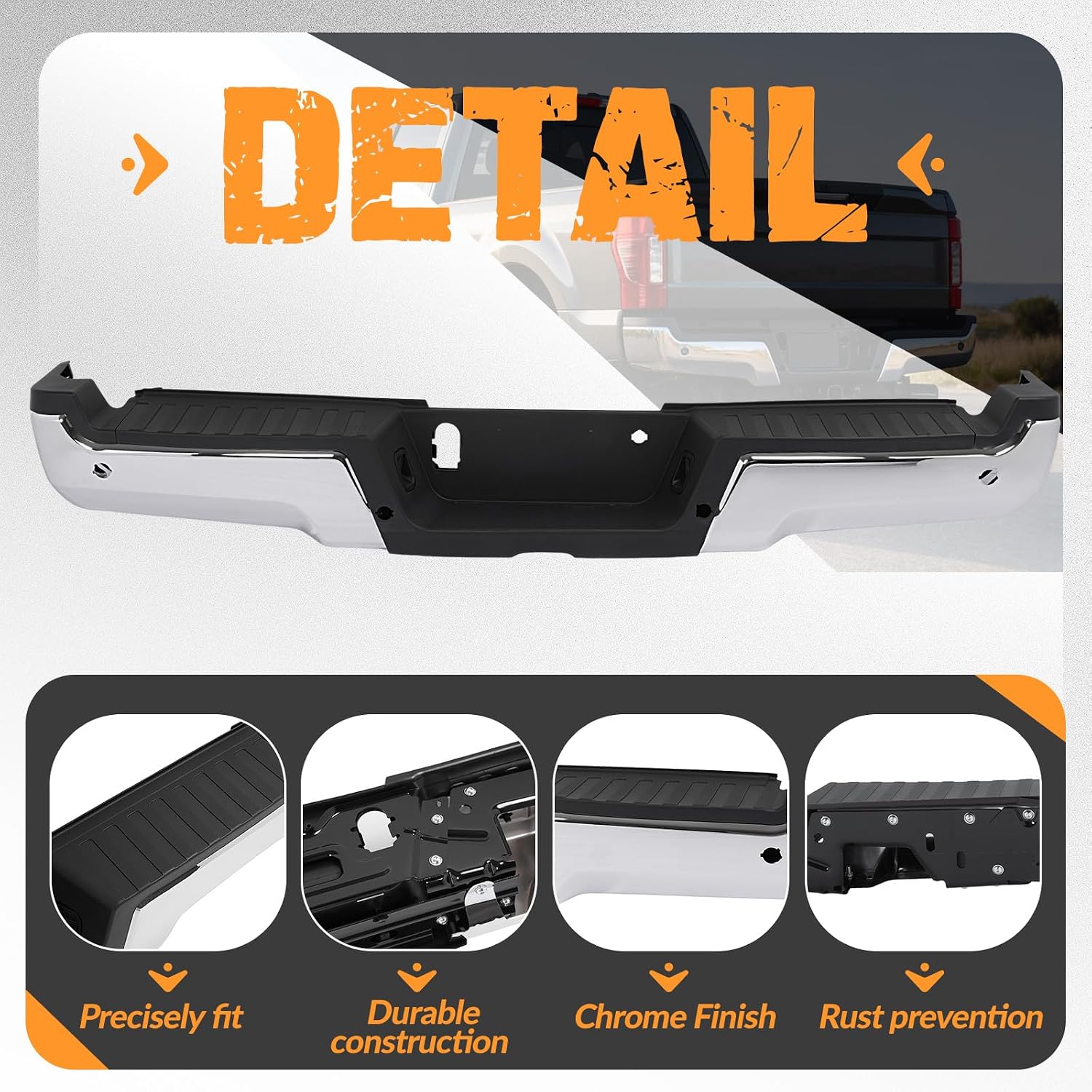 KUAFU Rear Step Bumper Assembly Compatible with 2017-2022 Ford F-250 F-350 Super Duty w/Park Assist Hole Replace for FO1102387 HC3Z17906KA Back Bumper Assembly Plastic+Steel Chrome Silvery+Black