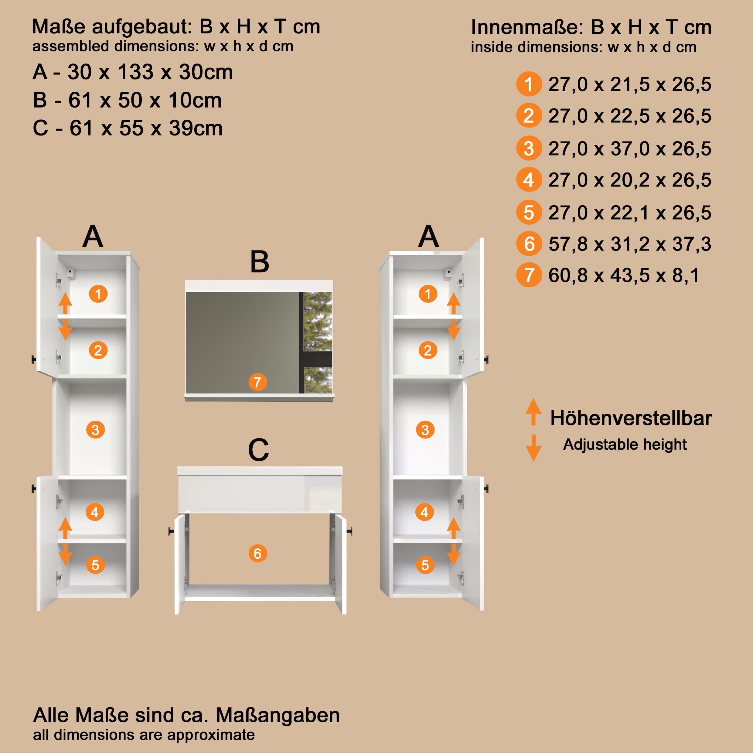 trendteam smart living Haven Badmöbel-Set Weiß/Weiß Hochglanz Lackiert 142 x 133 x 40 cm Waschbeckenschrank Hängend Inklusive Keramik-Einsatzwaschbecken 2 Hochschränke 1 Spiegel