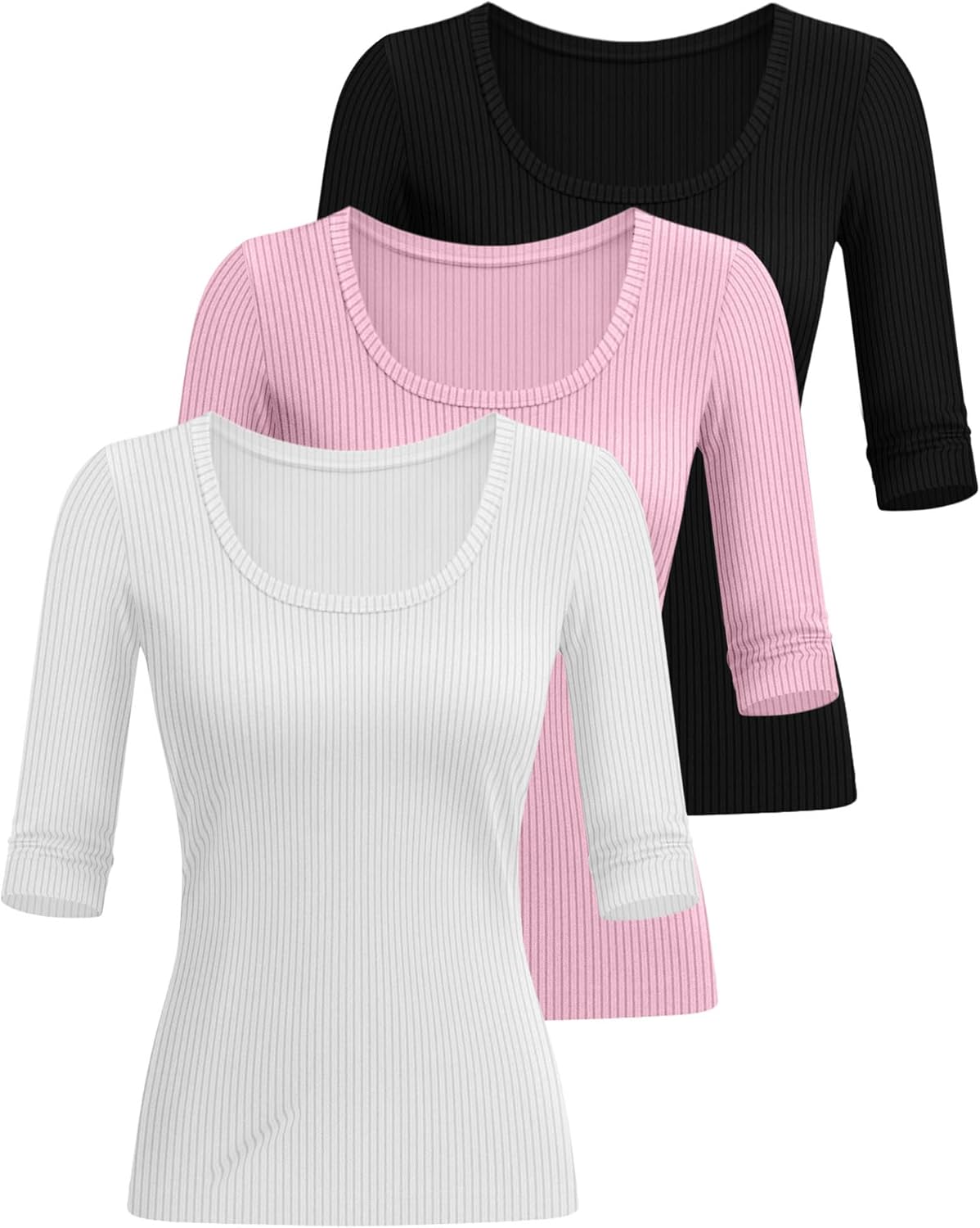 3 Pack Women's 3/4 Sleeve T Shirts Basic Scoop Neck Ribbed Knit Slim Fit Tops 2025 Summer Casual Tight Tees(Black, White, Pink,Large) - Image 4