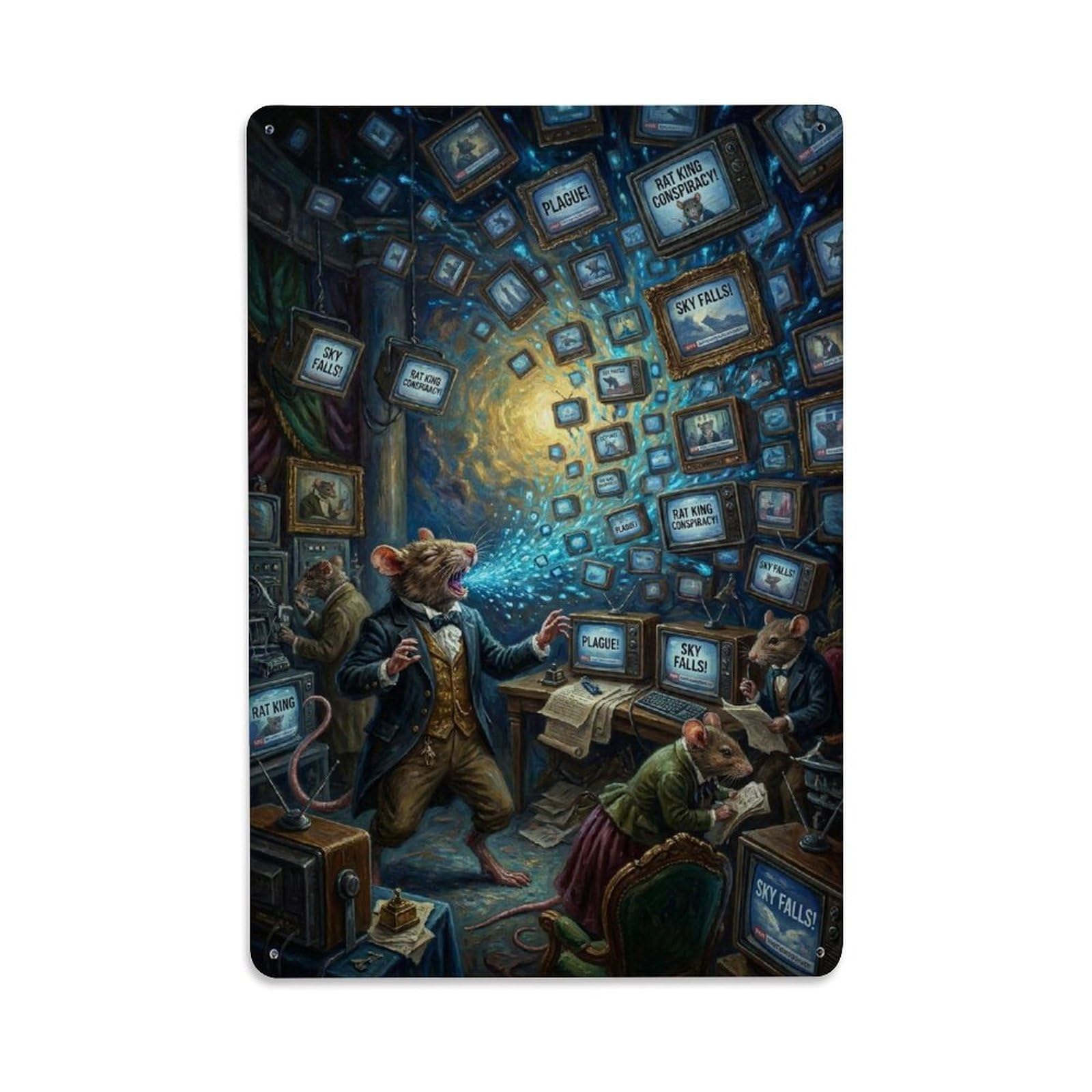 Storybook Fable Nature Study Surreal Vintage Animal Rat Screen Metal Tin Sign Plaque Wall Decor for Cafe, Man Cave, Club Bar, Office, Home Garden Round Metal Poster 8x12Inch