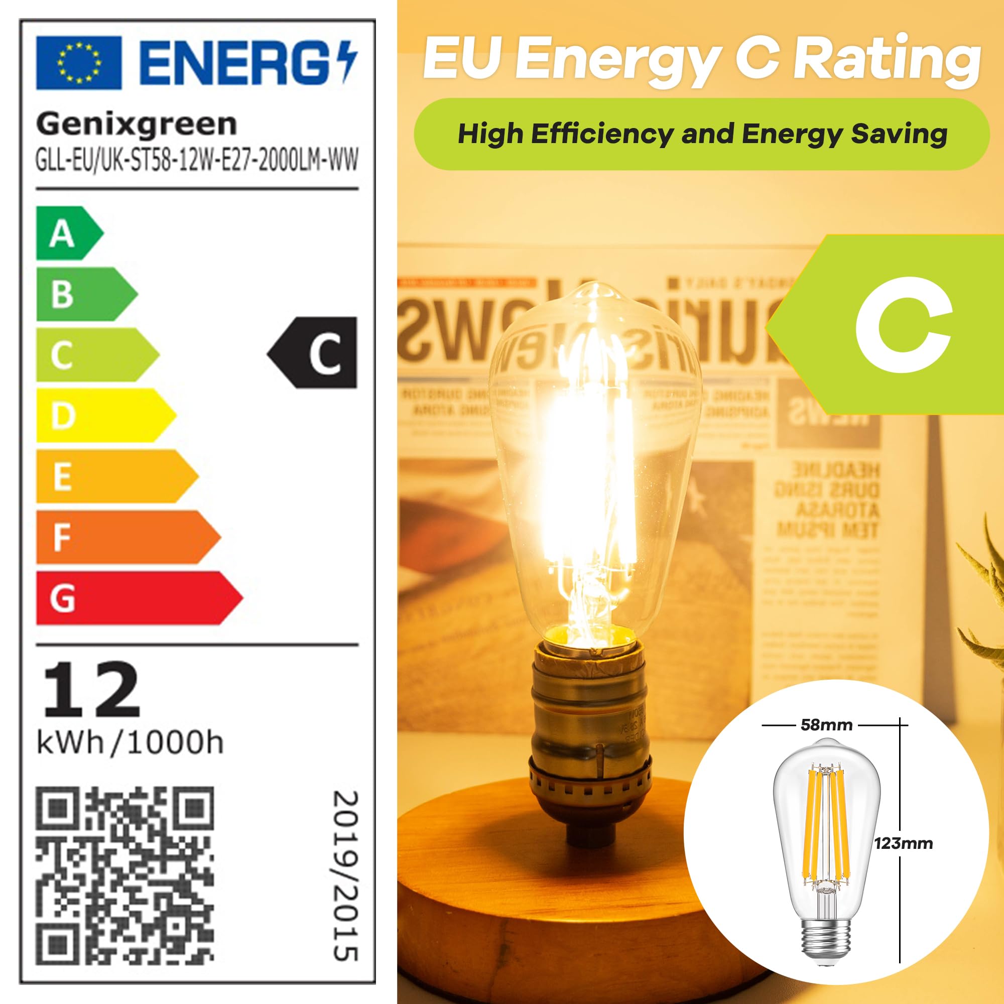 Żarówka LED E27, ciepła biel, 100 W, 2000 lumenów, 12 W, vintage, energooszczędna, zamiennik żarówki 120 W, ciepła biel 2700 K, żarówka Edisona do codziennego oświetlenia, bez migotania, 230 V, 2