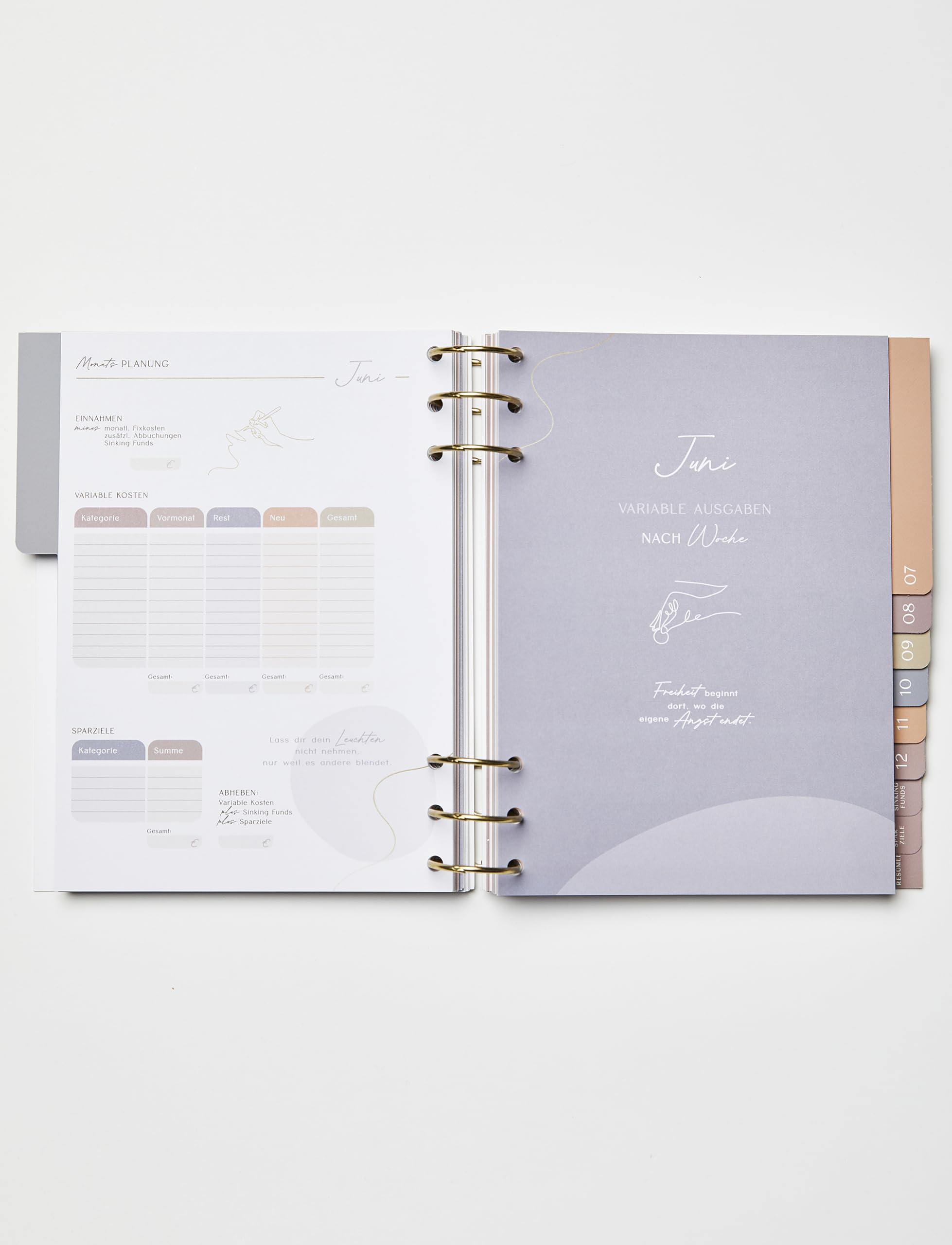 Moneyglow® Mein Budgetplaner A5 deutsch I 310 Seiten I goldene Ringe zum Öffnen I Seiten immer wieder austauschbar I Register I Illustrationen I satiniertes Schreibpapier I undatiert