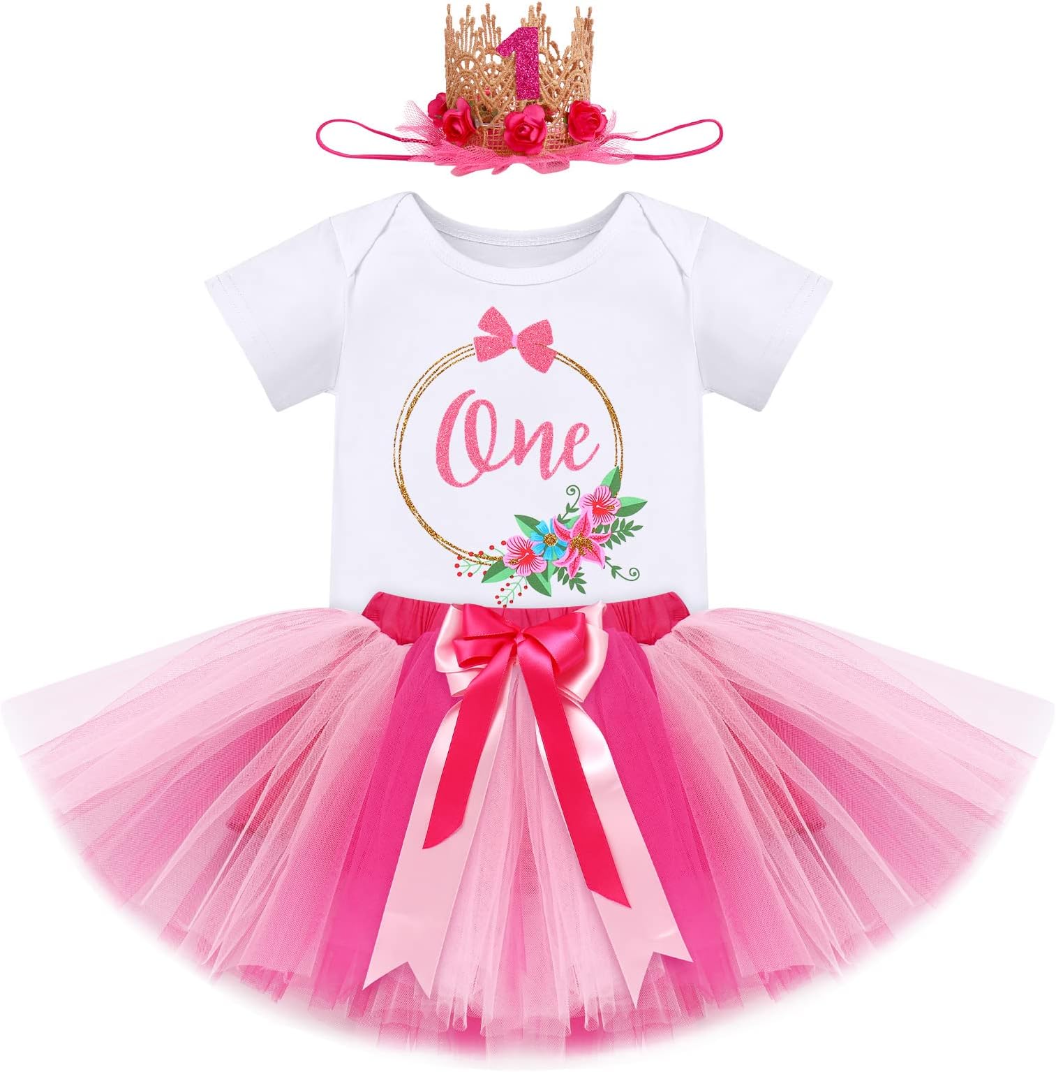 FYMNSIBaby Girl 1st Birthday Outfit Flower Printed Cotton Short Sleeve Romper Tutu Tulle Skirt Crown Headband 3pcs Set