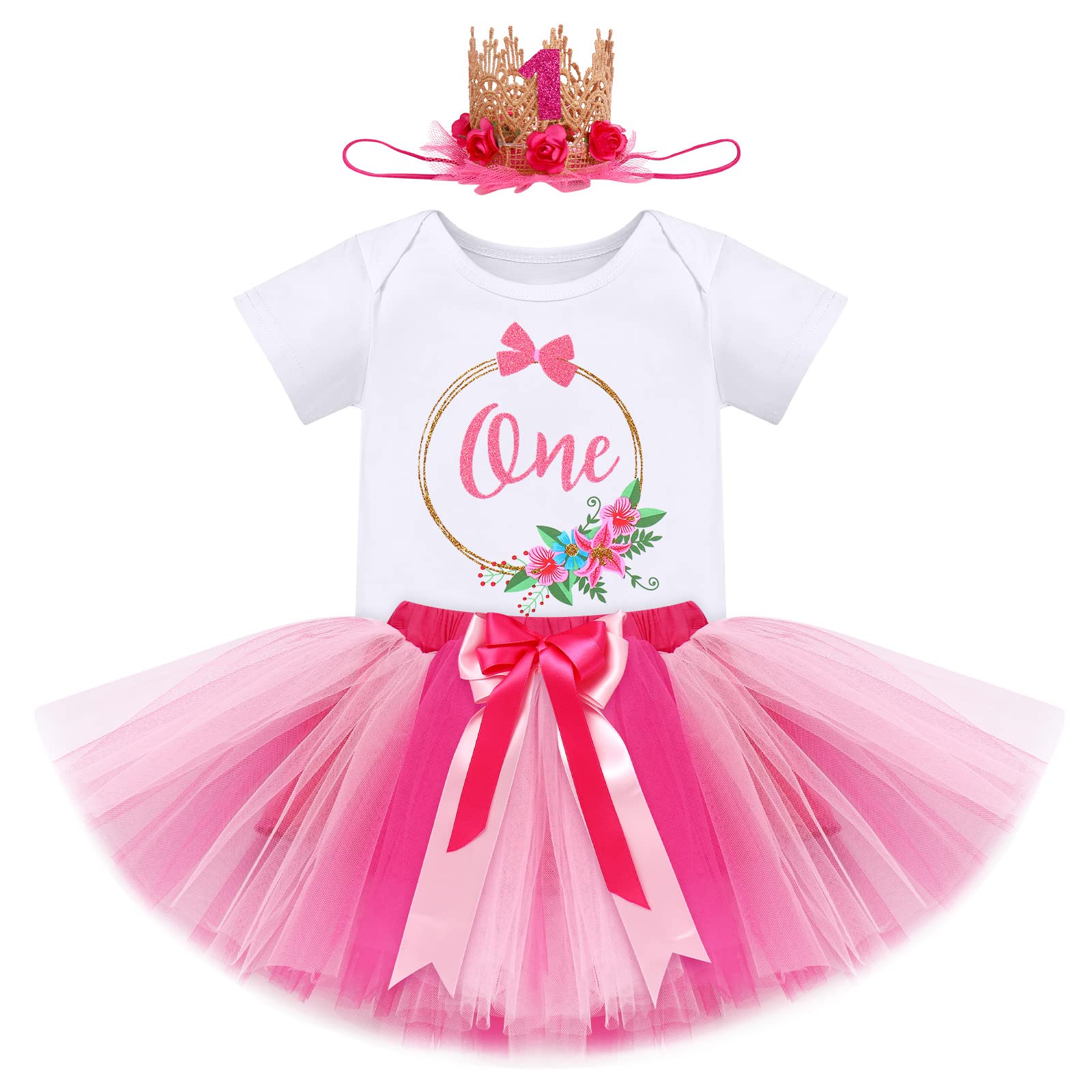 FYMNSIBaby Girl 1st Birthday Outfit Flower Printed Cotton Short Sleeve Romper Tutu Tulle Skirt Crown Headband 3pcs Set
