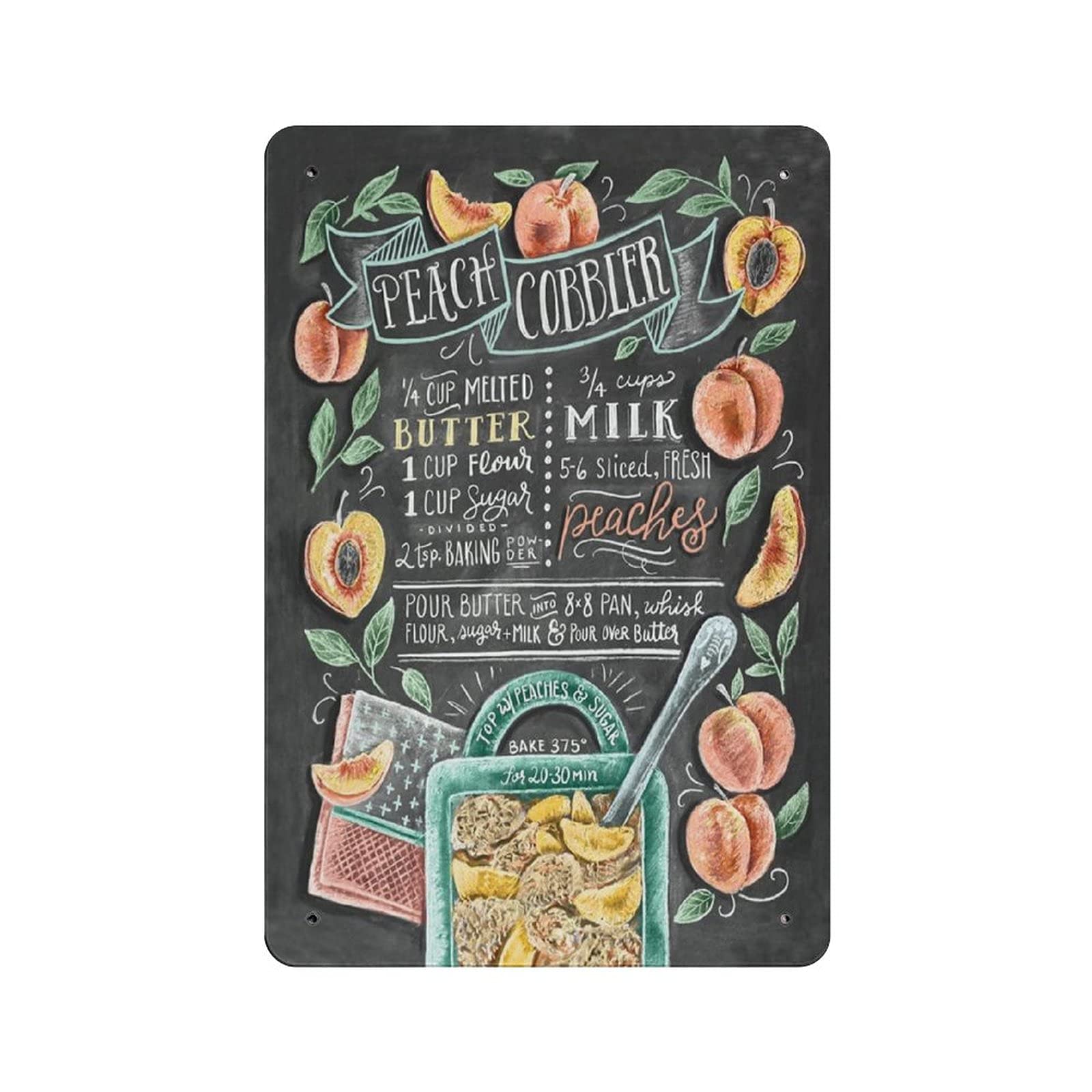 rayprint Metal Tin Sign Peach Cobbler Recipe Tin Sign Metal Aluminum Sign Vintage Wall Decor Retro Poster for Bars Restaurants Cafes Pubs Home Decoration 12"x8"
