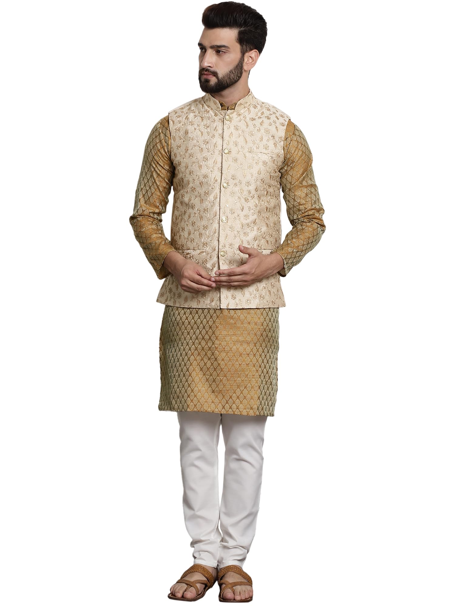 Sojanya (Since 1958 Men's Silk Blend Mustard Kurta & Cream Pyjama With Beige Embroidered Nehrujacket