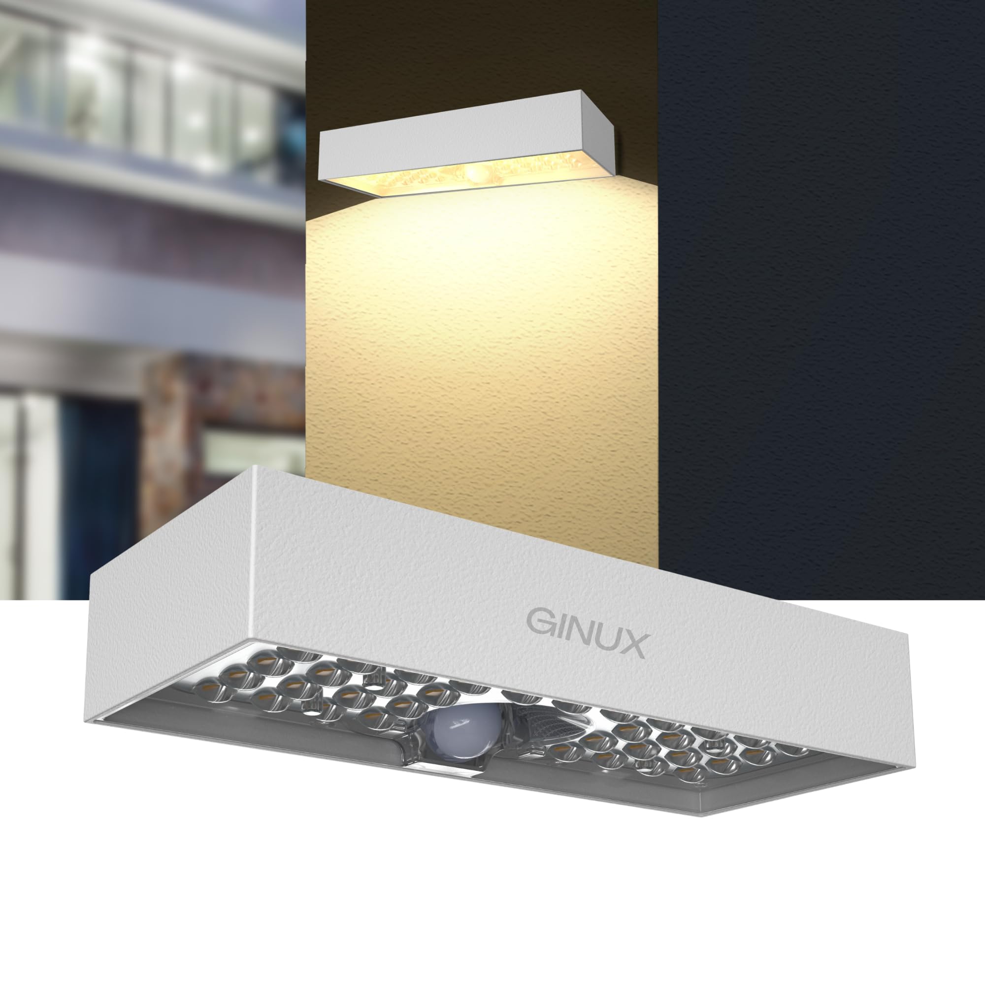 GINUX® Solarlampen für außen mit Bewegungsmelder - Dekorative Solar Wandleuchte aussen mit Superhellen LEDs und PIR-Sensor, Solar LED Strahler für Wand und Garten (60W Weiß)