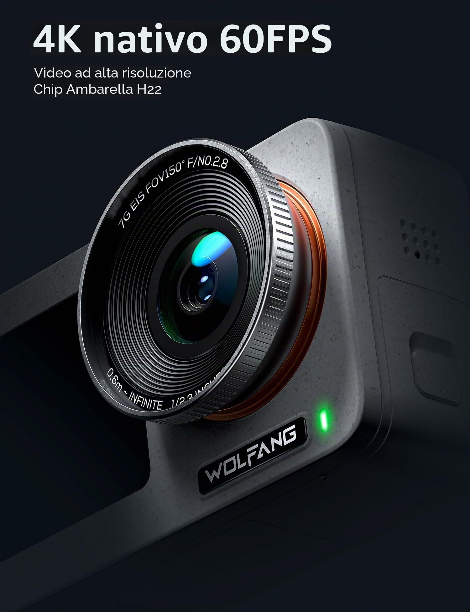 WOLFANG Seeker ONE Action Cam, 4K 60FPS Dual Screen a colori, fotocamera subacquea impermeabile a 16 piedi, FOV ultra larga 150° 6x fotocamera per casco rallentatore con GO APE Tech stabilizzazione