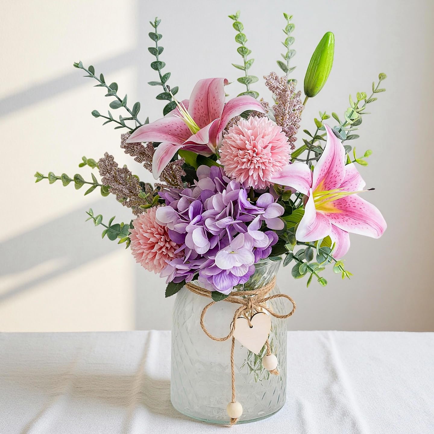 LUEUR Faux Flowers with Vase Artificial Silk Flowers in Vase Fake Pink Lily Purple Hydrangea and Dandelion flower
