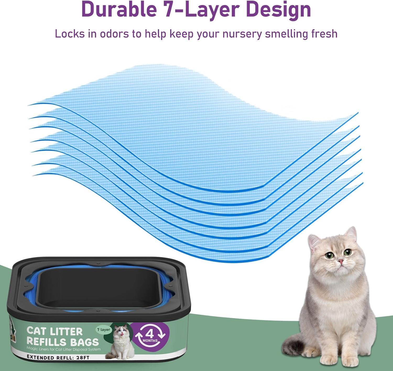 Cat Litter Refill Bags Cartridge 28FT, Compatible with Litter Cat Genie Standard, Plus, XL, XL+ Pail Refills, 7-Layer Odor Control Pet Waste Bags 12 Packs