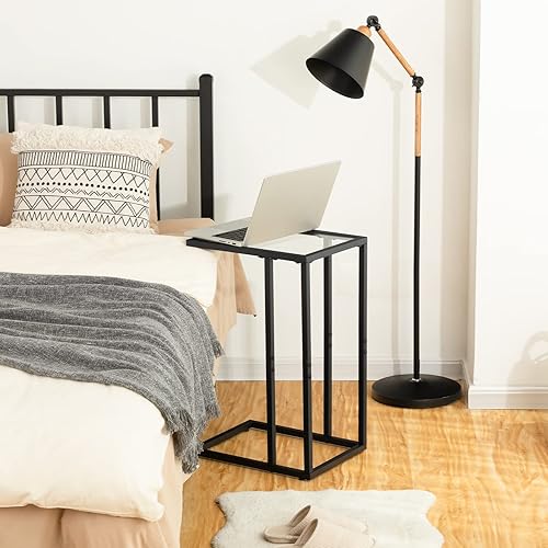 Miniatura 6 de HOOBRO Mesa auxiliar en forma de C, mesa auxiliar de vidrio templado con marco de metal, mesa de bandeja de TV para espacio pequeño, sofá y cama,
