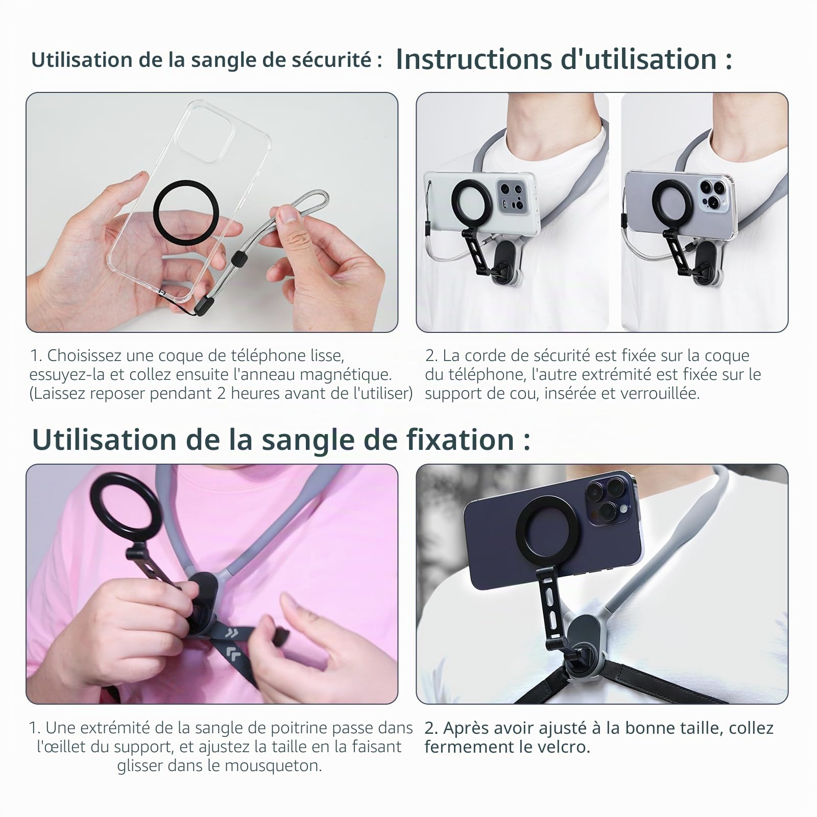 AFAITH Max Support magnétique Selfie pour téléphone de cou, support de téléphone rotatif à 360° pour POV VLOG, support Magsafe avec sangle fixe pour iPhone 15 14 13 12 Android