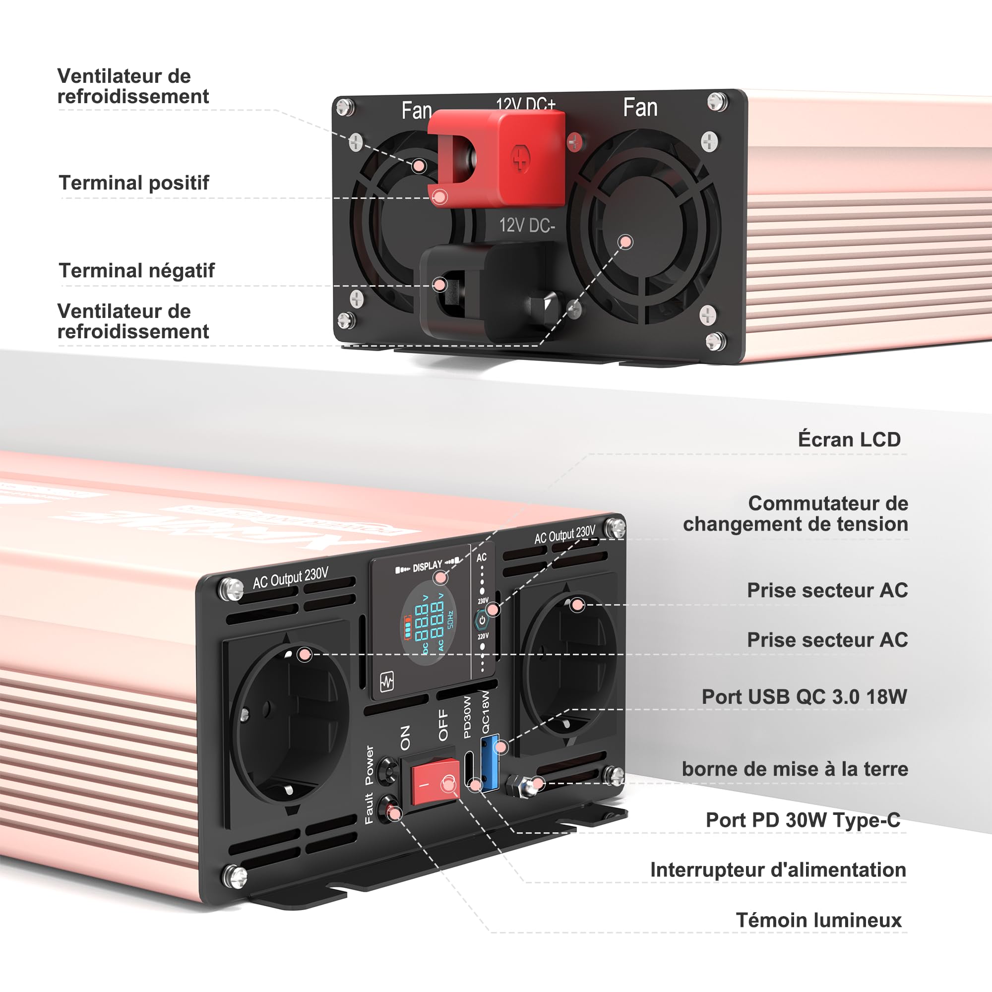 XWJNE Convertisseur 12V 220V Pur Sinus 2000W Onduleur, Convertisseur de Tension avec 2 Prises EU, 1 USB-A, 1 USB-C, Écran LCD, Télécommande, Transformateur 12V 220V pour Voiture, Camping, Caravane