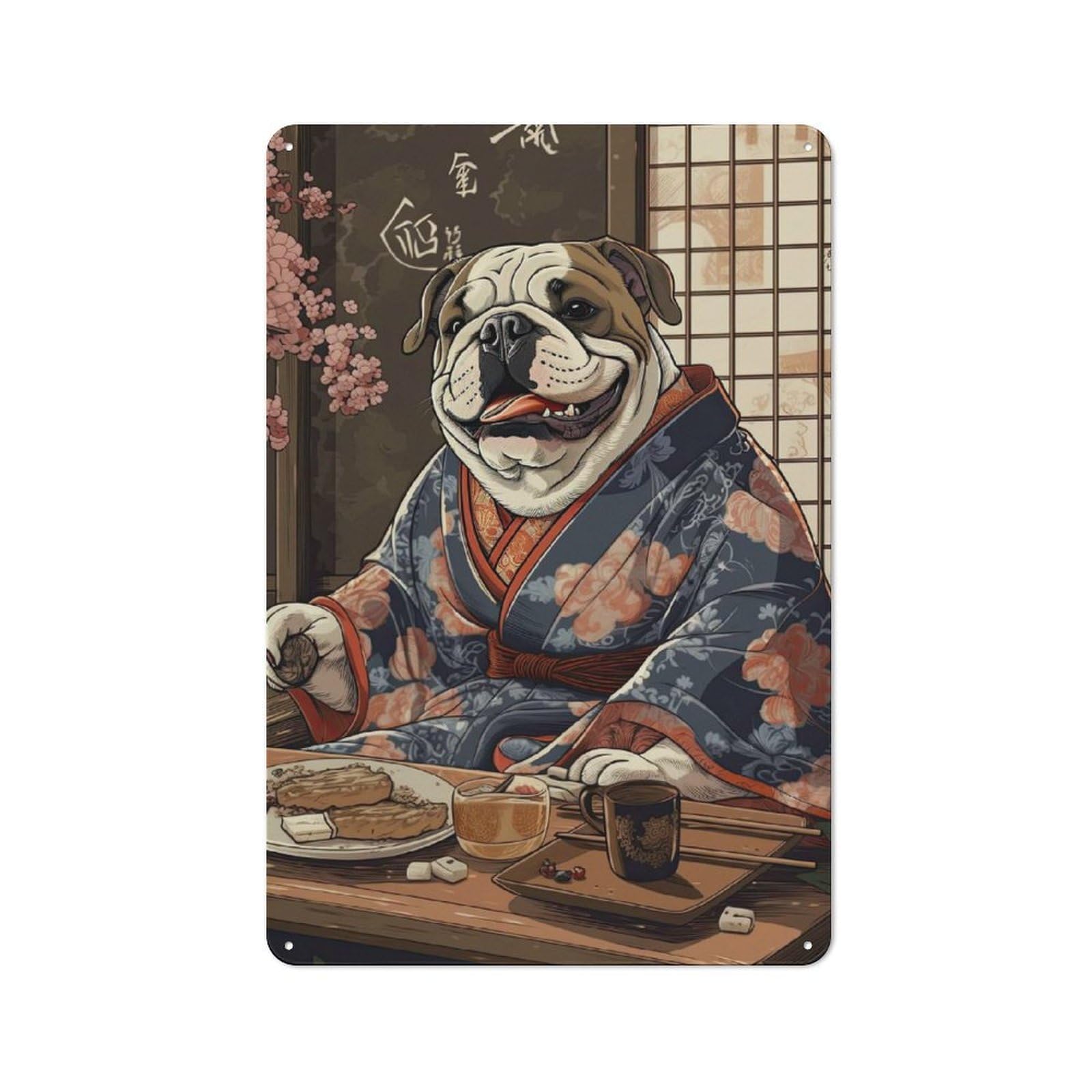 Junmoney Style-8 Industrial Decorative Metal Plaque 30X20cm Featuring Bulldog Dog Japanese Food, Urban Room Decor For Flat, Bar, Studio Or Gallery Wall