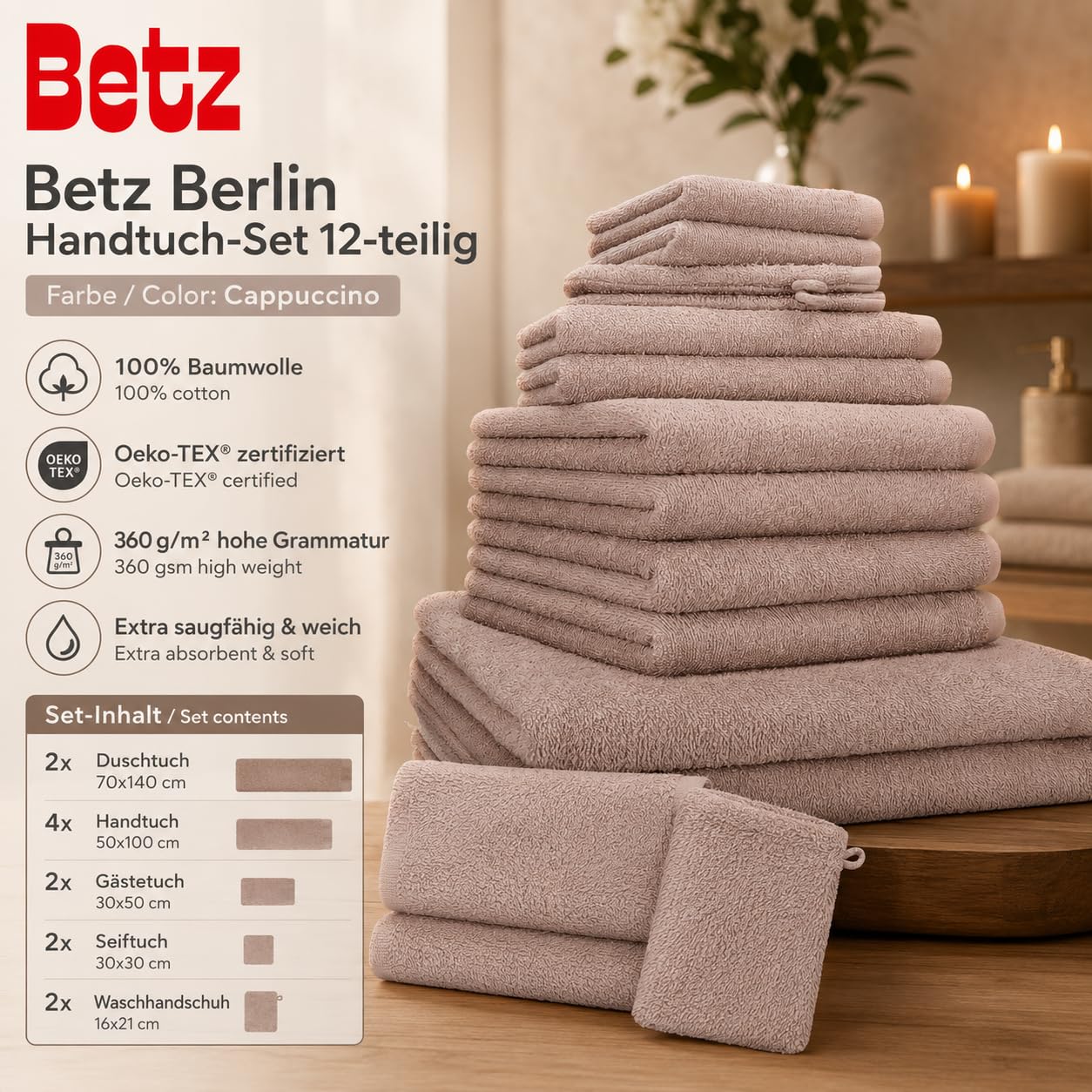 Betz 12 pezzi set di ascuigamani BERLIN 100% cotone Asciugamani da Doccia asciugamani Asciugamani per Ospiti Lavettes Guanti da Bagno Colore cappuccino - BERLIN