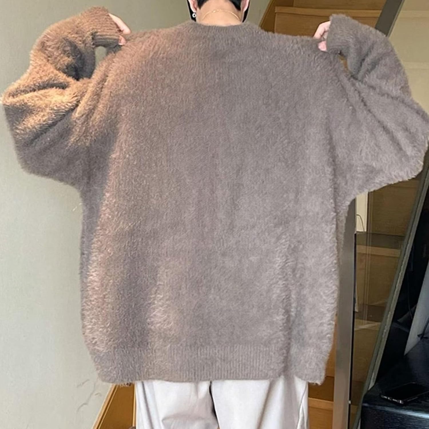 Men Casual Loose Fluffy Knit Pullover Soft Plush Textured Crew Neck Sweater | Long Sleeve, Relaxed Fit, Ribbed Hem & Cuffs, Soft Texture, Casual Pullover