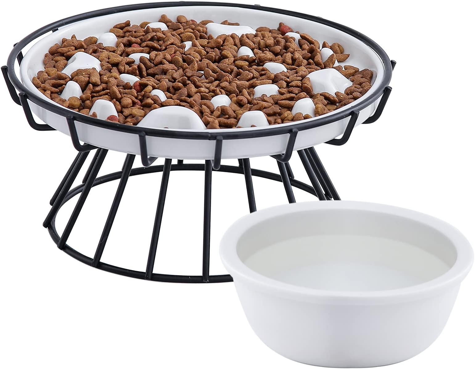 WUHOSTAM Elevated Slow Feeder Bowl for Cats and Small Dogs with Stand and Water Bowl, Ceramic Raised Cat Puzzle Food Plate, Healthy Eating Anti Vomiting Pet Feeding Dish, Against Bloat, White