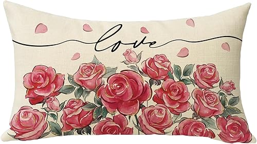 Fjfz Funda de cojín decorativa para el día de San Valentín, 12 x 20 pulgadas, rectangular, flores de rosas rojas y flores, decoración del hogar al