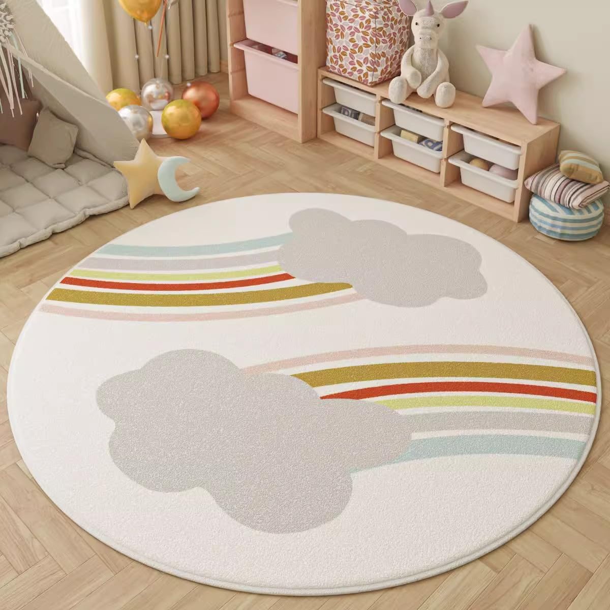Alfombra redonda para niños fácil de limpiar con base antideslizante crema