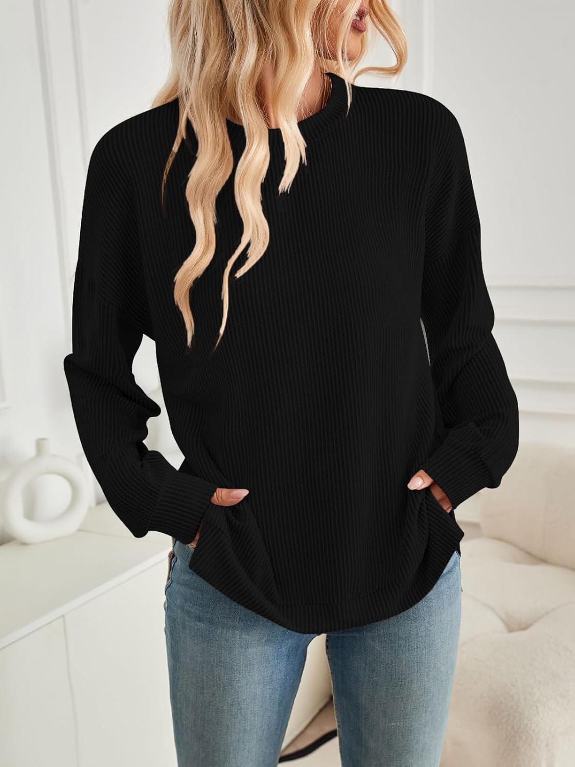 BAISHENGGT Women's Ribbed Sweatshirts Crewneck Casual Long Sleeve Loose Fit Stretchy Fall Tunic Tops - Image 3