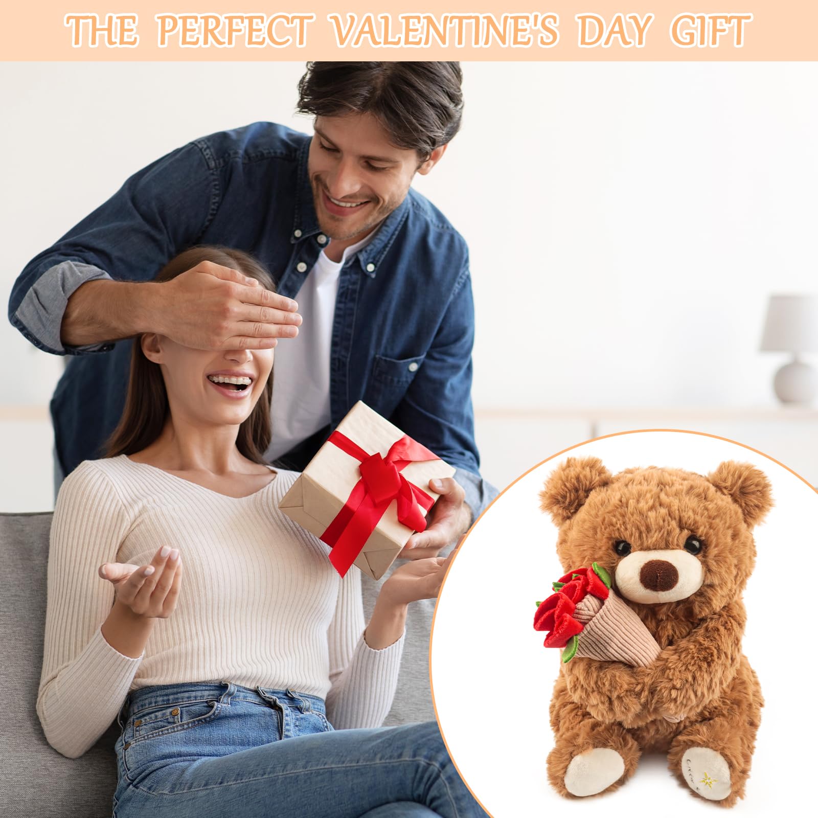 Oso de peluche con rosa y gorro, 30 cm, oso de tela, oso de peluche, suave oso de peluche, regalo de San Valentín (marrón)