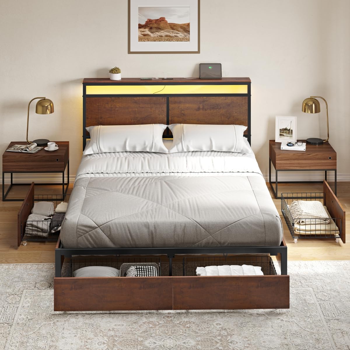 Diagram showing the dimensions of the FABATO Queen Size Bed Base, including headboard height, bed length, and width, with a maximum weight capacity of 453 kg.