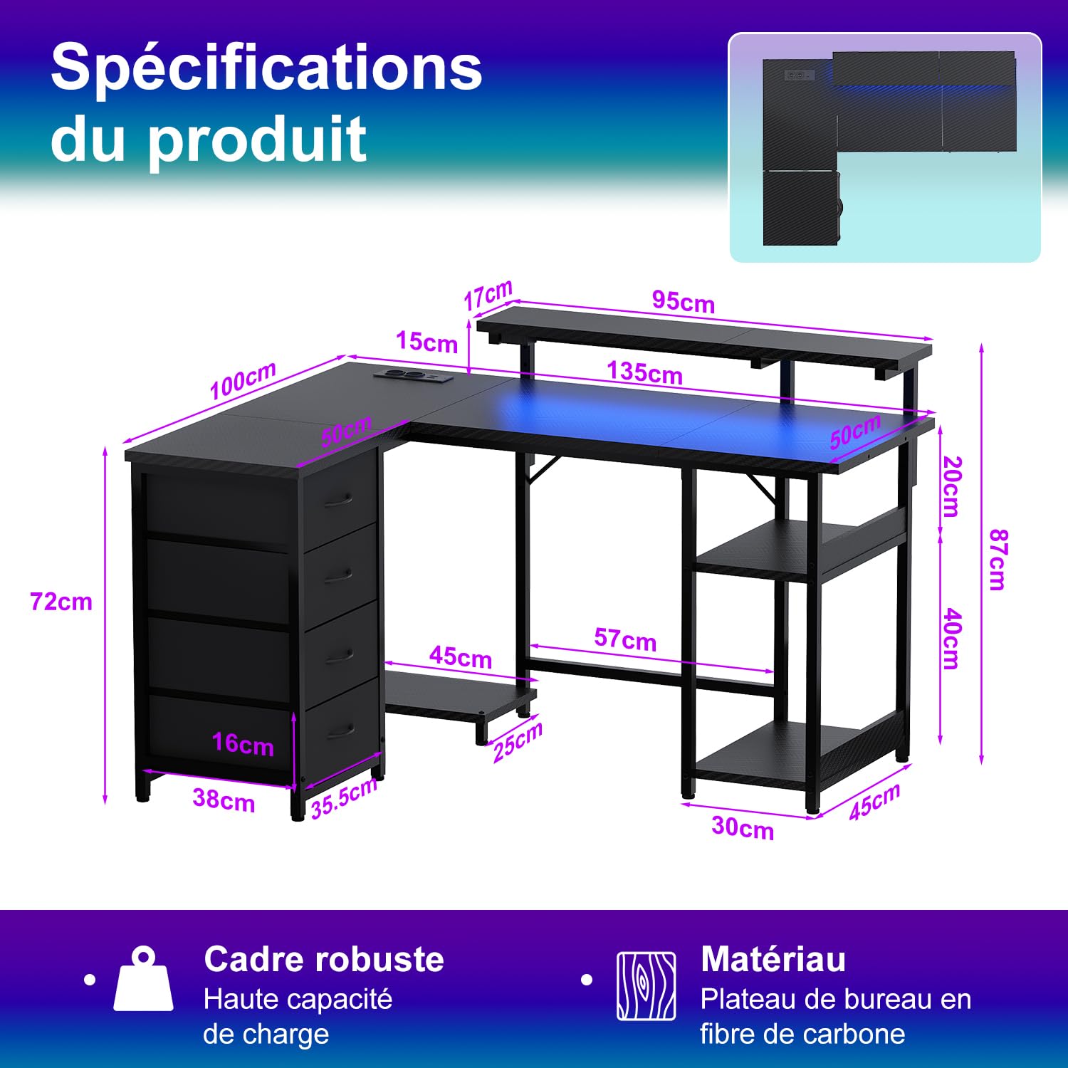 JUMMICO Bureau d'angle en Forme de L 135 cm avec lumières LED, Noir
