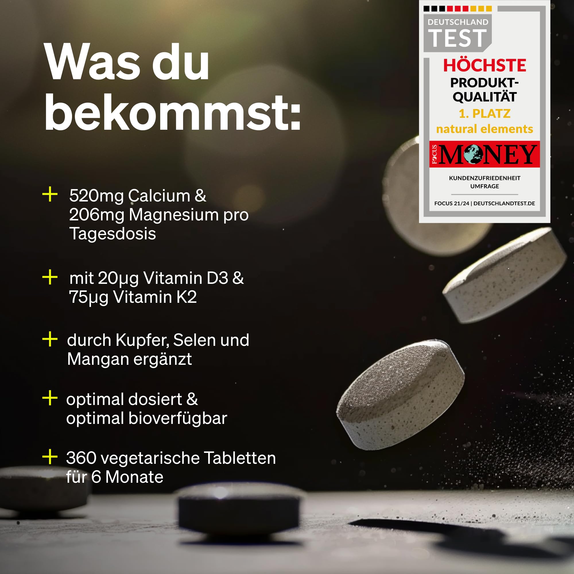 natural elements Calcium Magnesium Zink – 360 Tabletten – 520mg Calcium pro Tagesdosis – Komplex mit Vitamin D3 & K2 – optimal dosiert, ohne unnötige Zusätze – laborgeprüfte Qualität