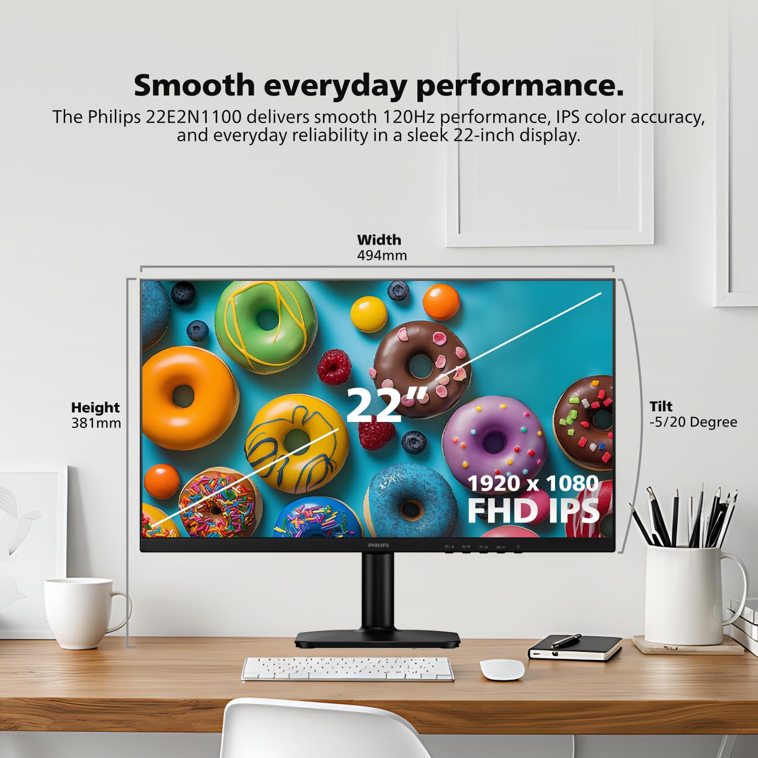 Philips 22 Inch Computer Monitor FHD 120Hz Overclocked IPS VESA, 22E2N1100 view 8
