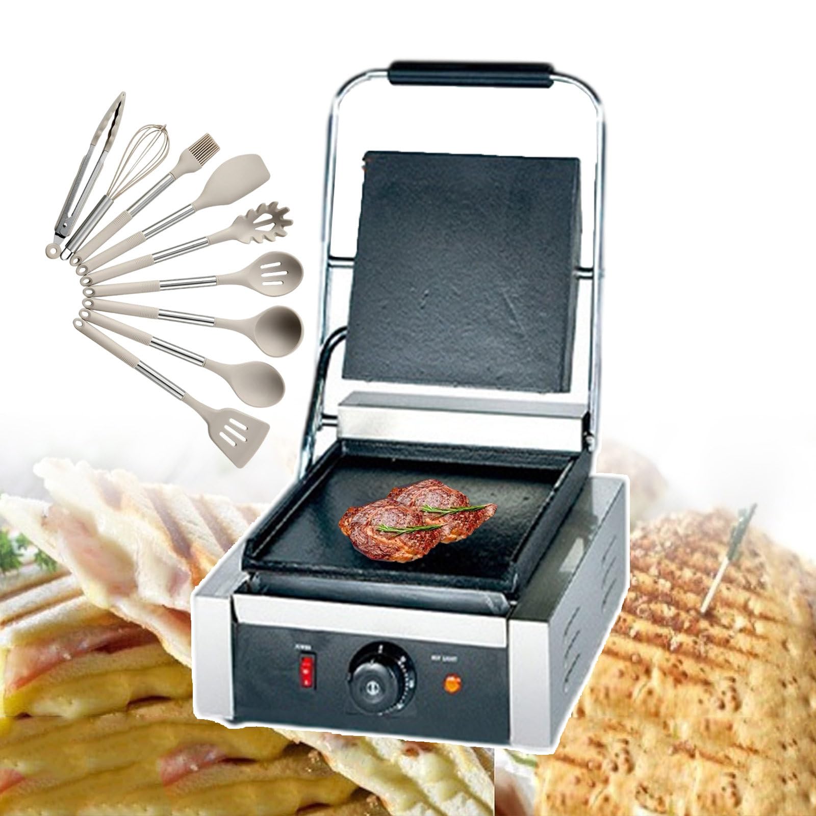 Elektryczny Grill Do Kanapek, Opiekacz Do Głębokich Tostów, Komercyjny Toster Do Kanapek Z Płytkami Nieprzywierającymi, Dwustronne Ogrzewanie 360°, Stal Nierdzewna, 1800 W / 2200 W,1800W