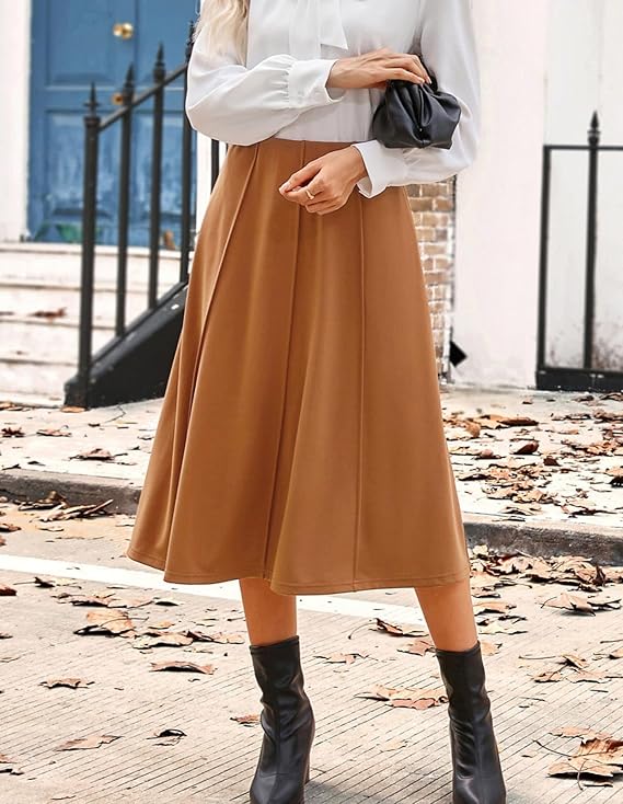 Kate Kasin Women's Pleated Midi Skirt 2025 Fall High Waisted Knee Length Flowy A Line Swing Casual Flared Skirts with Pockets