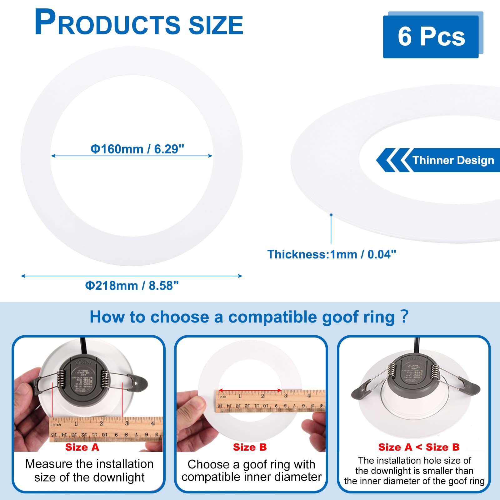 PATIKIL Goof Anillos para 6" 8" Empotrado Luz Adorno, 6uds Goof Anillos Cubierta para Techo Pared Accesorios Iluminación Abajo Luz LED, DI 6.29", OD 8.58", Mate Acabado Blanco