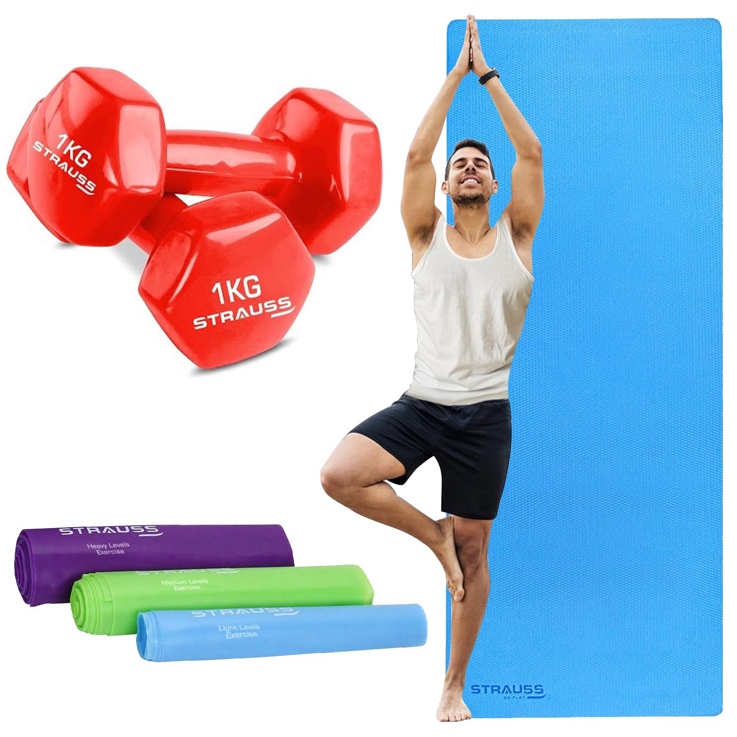 STRAUSS Yoga Combo Kit (1 Yoga Mat, 3 Resistance bands, 2 Dumbbells) | Sky Blue EVA Yoga Mat (6mm), 3 Multicolor Latex Resistance bands, 2 Red Dumbbells(1kg each) | Ideal for Yoga & Training (B0CZL7CHJB) Amazon Price History, Amazon Price Tracker