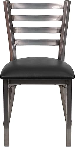 Miniatura 4 de BizChair Paquete de 2 sillas de restaurante de metal con respaldo de escalera con revestimiento transparente, asiento de vinilo negro