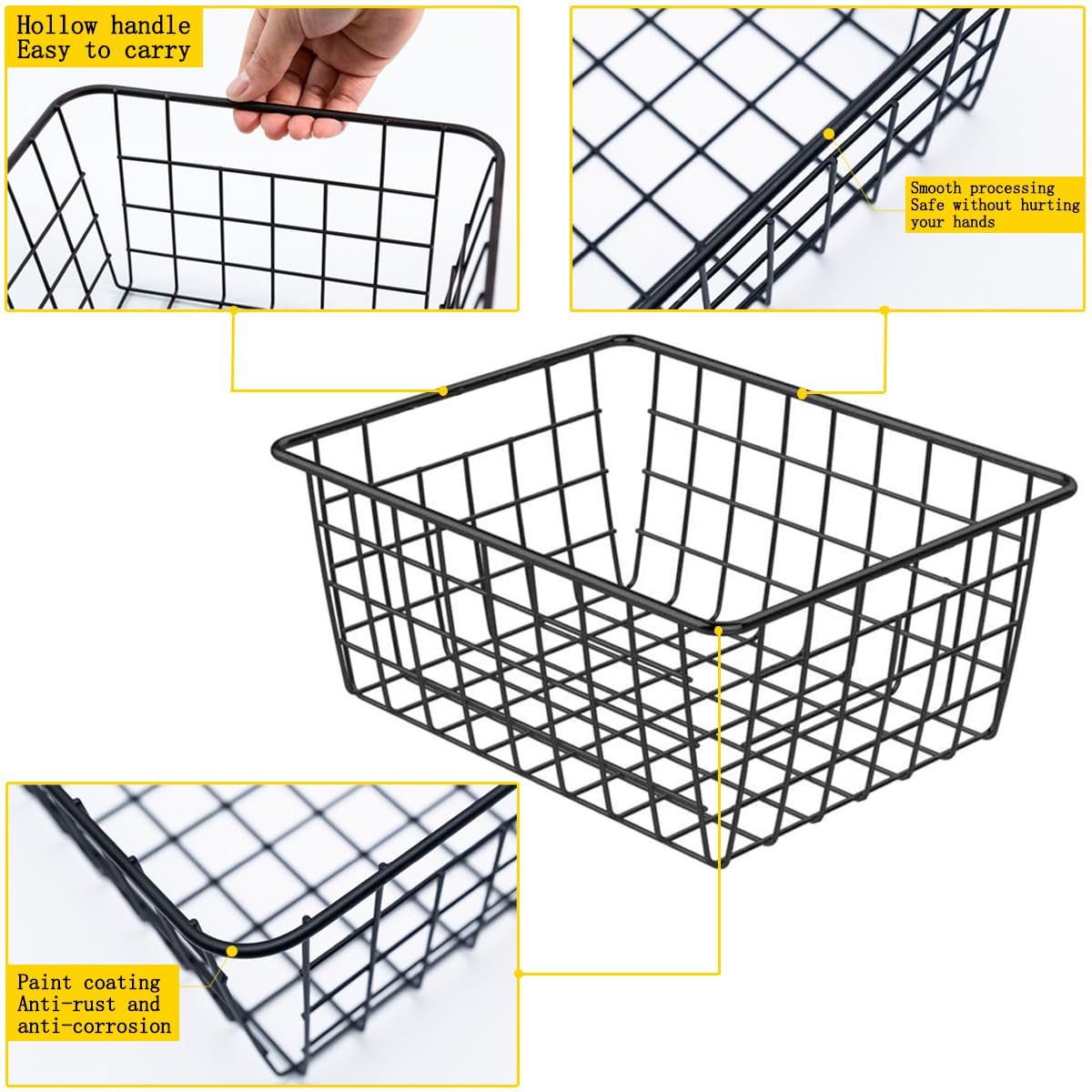 Paquete de 4 cestas de almacenamiento de alambre negro, cestas organizadoras de alambre con asas, cestas de metal para congelador, estantes de refrigerador, despensa, almacenamiento de baño, 28