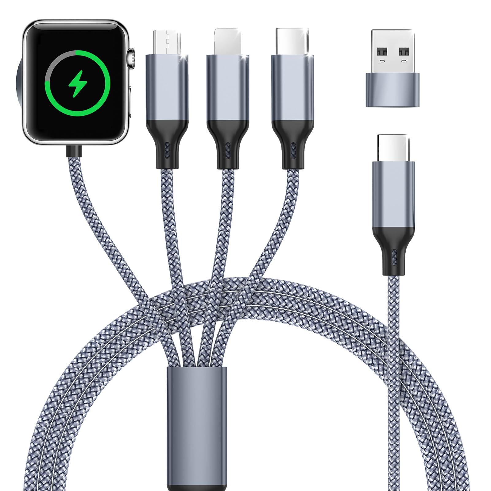 Multi Ladekabel 4 in 1 für apple watch Ladegerät, 1.2M Universal Nylon Kabel, SchnellLadekabel Mit USB-A und USB-C Mehrfach für iPhone 17/16/15/14/13/12/11/iPad/Airpods/iWatch Serien