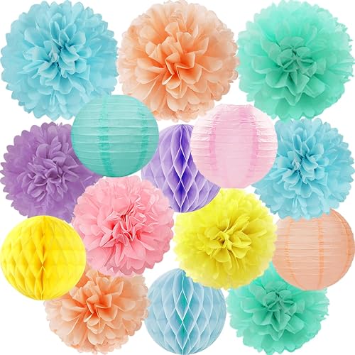 Pastel Paper Flowers Tissue Pom Poms Honeycomb Lanterns 15pcs Party